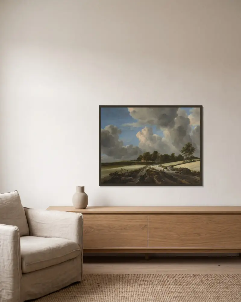 Vetefält av Jacob van Ruisdael inramad på en vägg