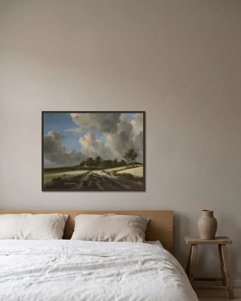 Vetefält av Jacob van Ruisdael inramad på en vägg