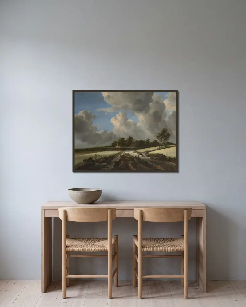 Vetefält av Jacob van Ruisdael inramad på en vägg