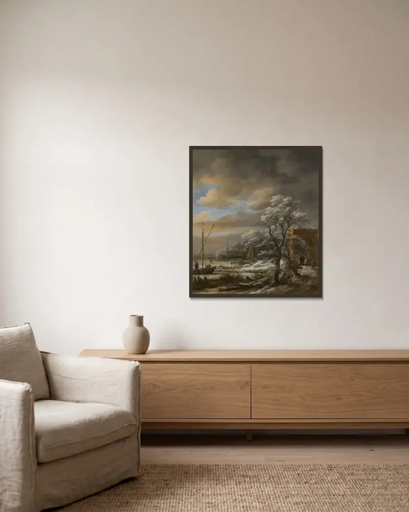 Vinterlandskap av Jacob van Ruisdael inramad på en vägg