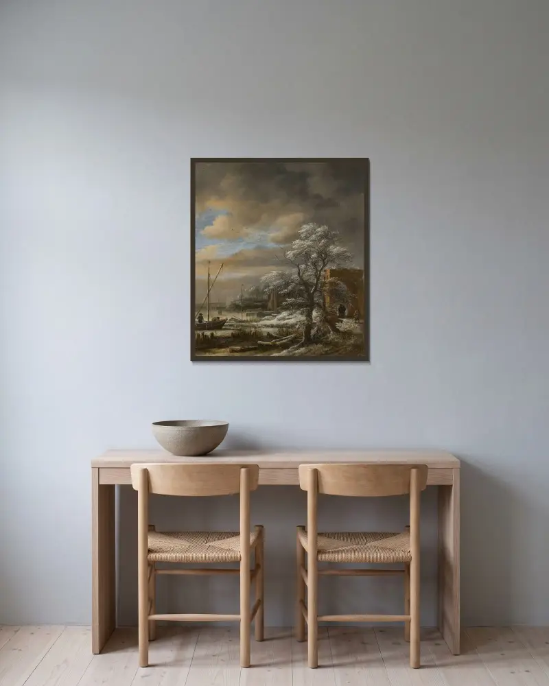 Vinterlandskap av Jacob van Ruisdael inramad på en vägg
