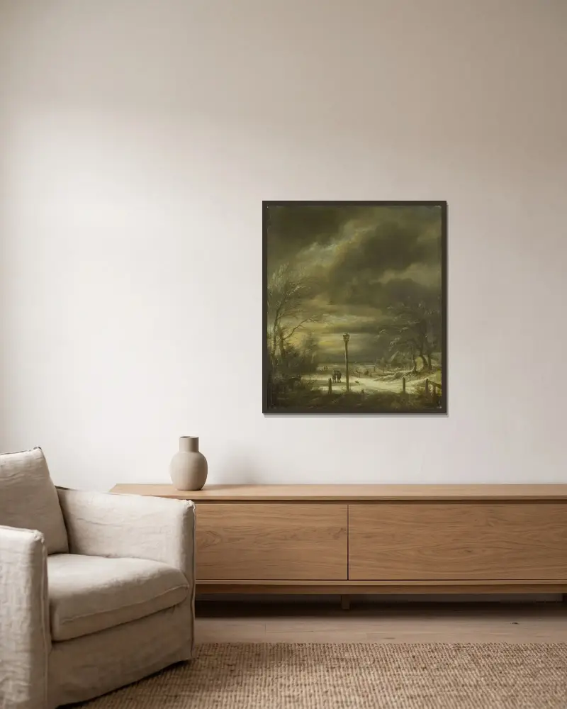 Vinterlandskap nära Haarlem med lyktstolpe av Jacob van Ruisdael inramad på en vägg