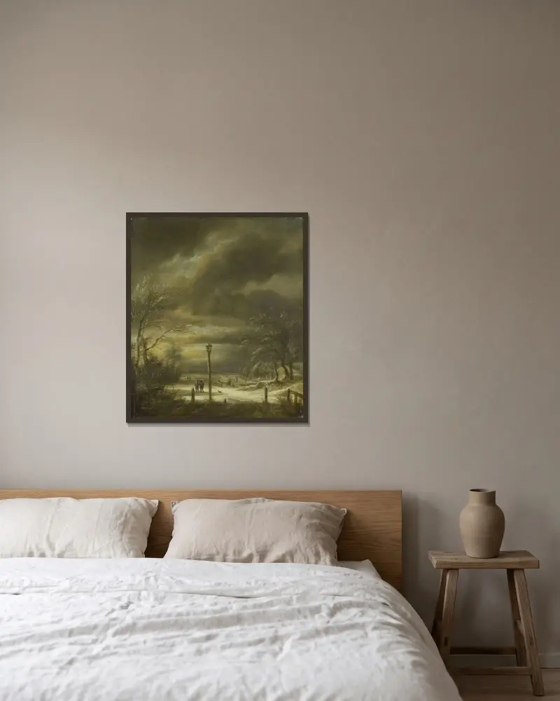 Vinterlandskap nära Haarlem med lyktstolpe av Jacob van Ruisdael inramad på en vägg