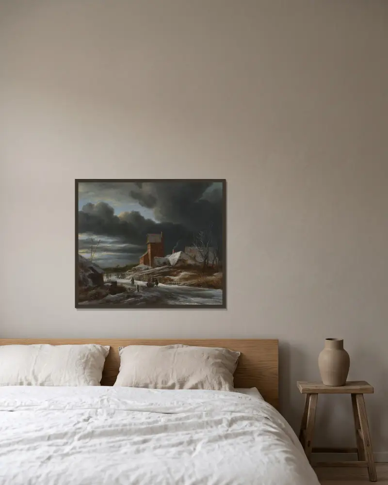 Vinterlandskap av Jacob van Ruisdael inramad på en vägg