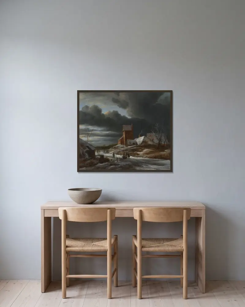 Vinterlandskap av Jacob van Ruisdael inramad på en vägg