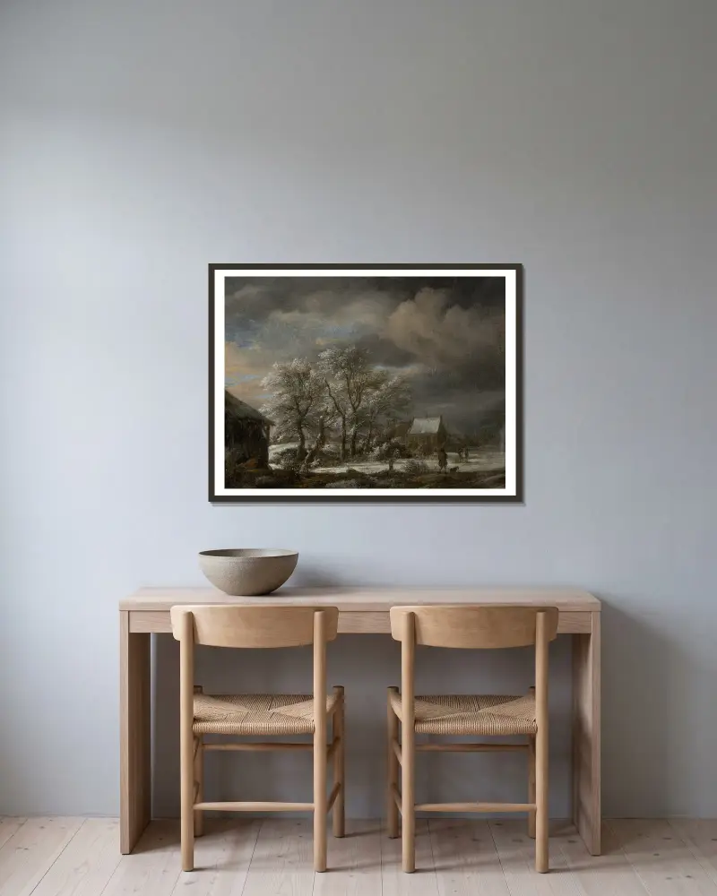 Winterlandschaft mit schneebedeckten Bäumen von Jacob van Ruisdael gerahmt an einer Wand