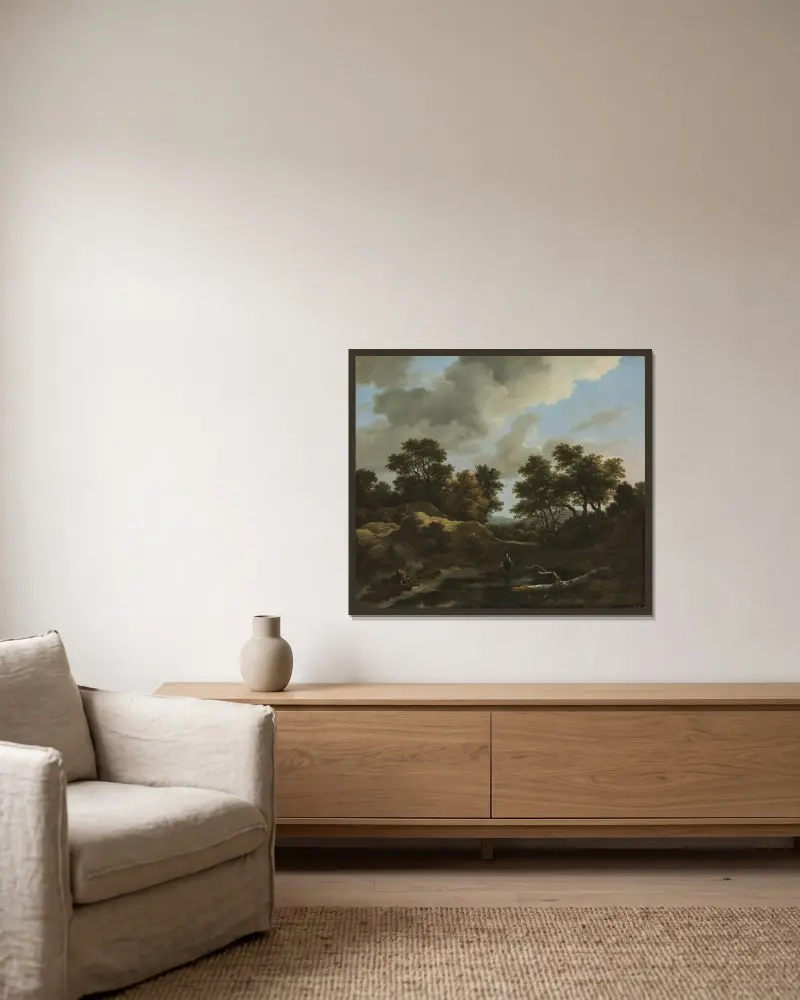 Skogsbevuxet och kuperat landskap av Jacob van Ruisdael inramad på en vägg