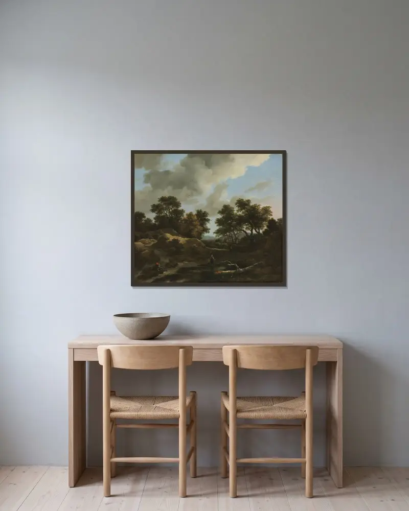 Skogsbevuxet och kuperat landskap av Jacob van Ruisdael inramad på en vägg