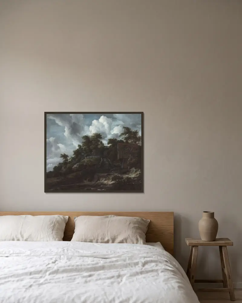 Skogsbeklädd sluttning med utsikt över slottet Bentheim av Jacob van Ruisdael inramad på en vägg
