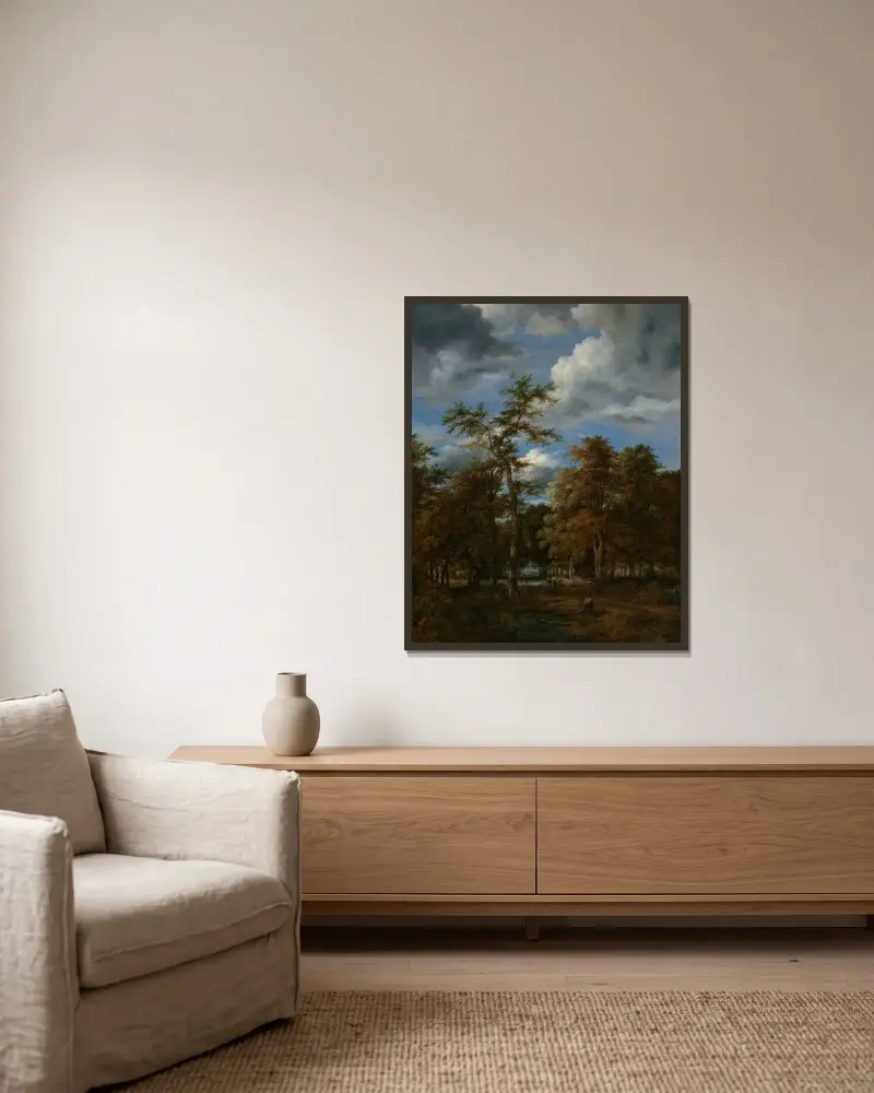 Skogslandskap av Jacob van Ruisdael inramad på en vägg