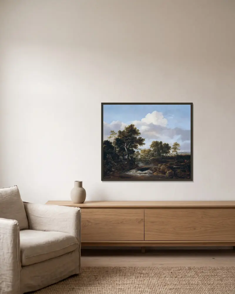 Skogslandskap med bäck av Jacob van Ruisdael inramad på en vägg