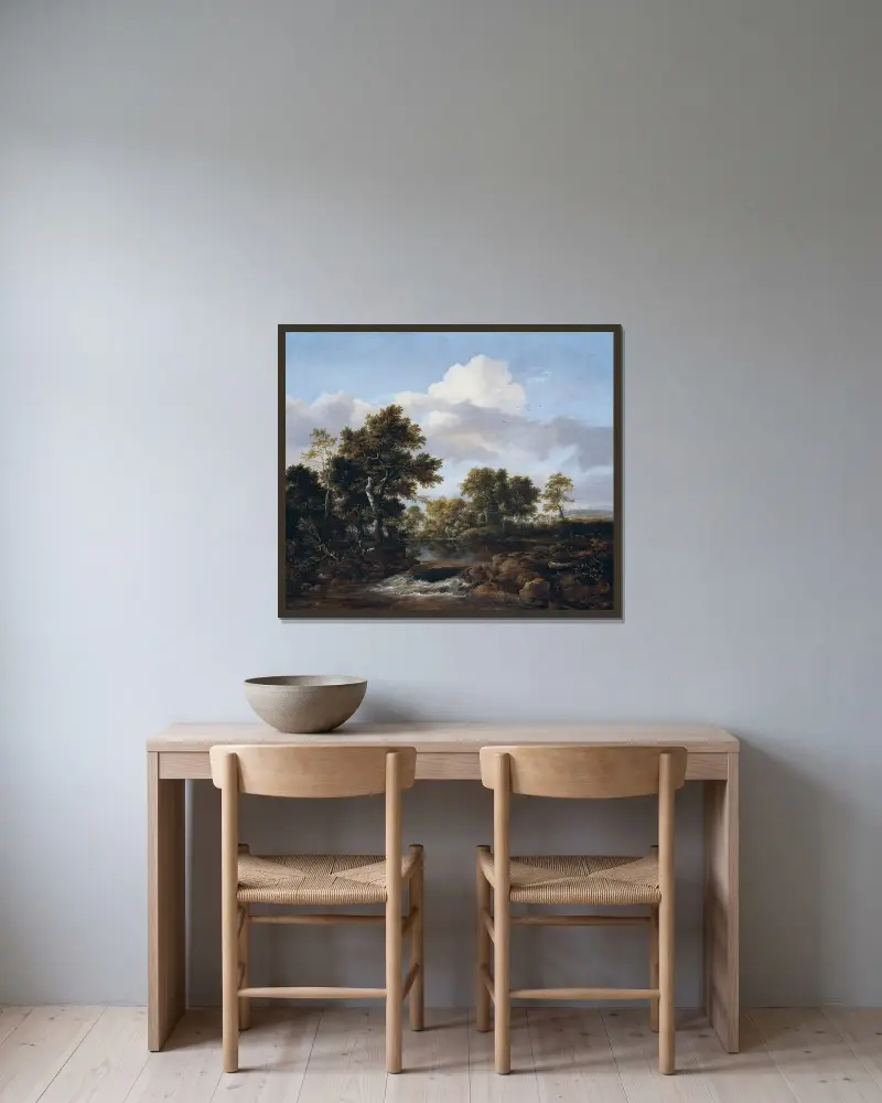 Skogslandskap med bäck av Jacob van Ruisdael inramad på en vägg