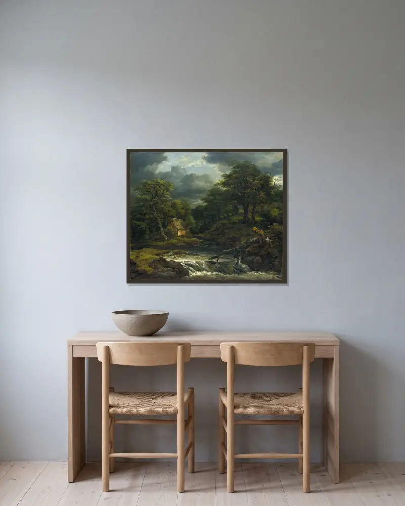 Skogslandskap med vattenfall och annalkande oväder av Jacob van Ruisdael inramad på en vägg