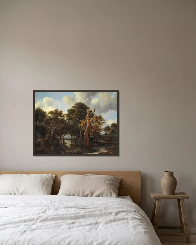 Wooden Marsh Landscape with Dead Tree av Jacob van Ruisdael inramad på en vägg