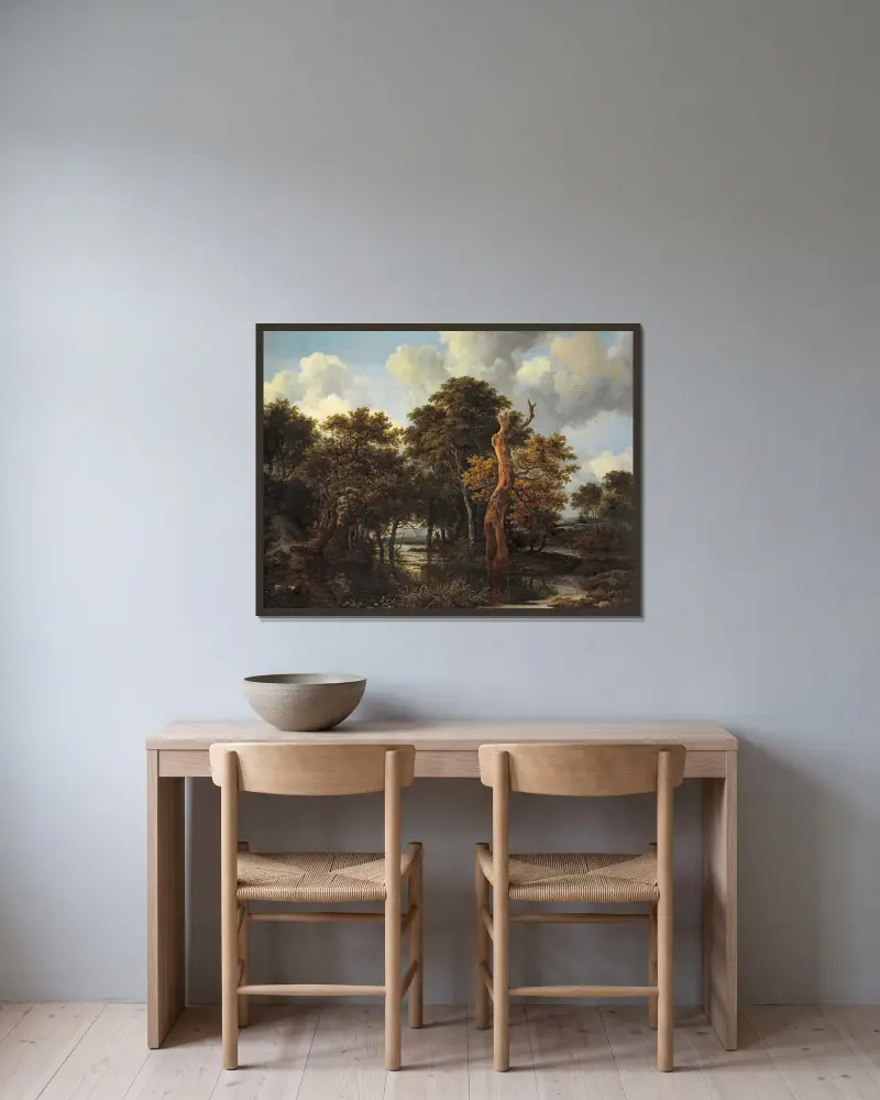 Wooden Marsh Landscape with Dead Tree av Jacob van Ruisdael inramad på en vägg