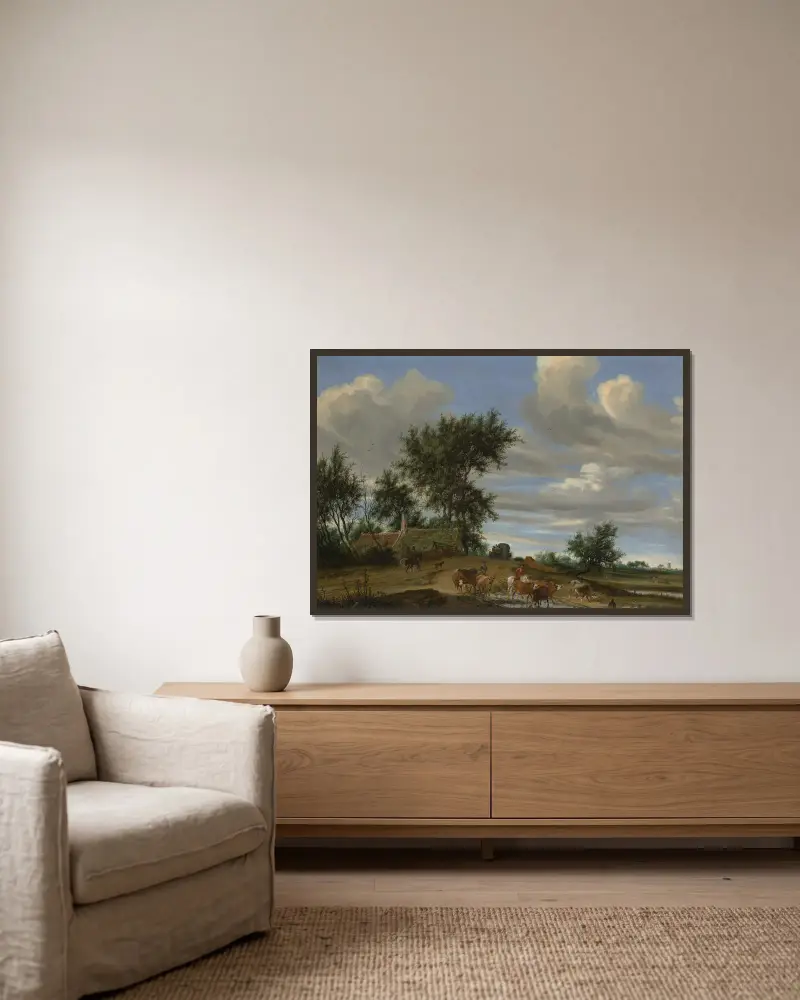 Eine Landstraße von Salomon van Ruysdael gerahmt an einer Wand