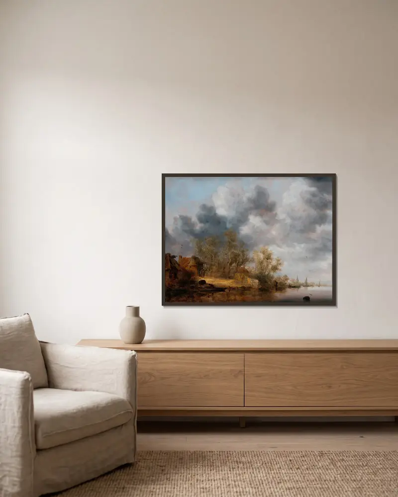 Holländisches Flussufer von Salomon van Ruysdael gerahmt an einer Wand