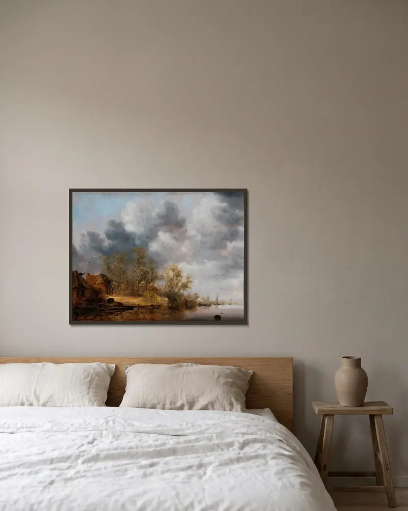 Holländisches Flussufer von Salomon van Ruysdael gerahmt an einer Wand