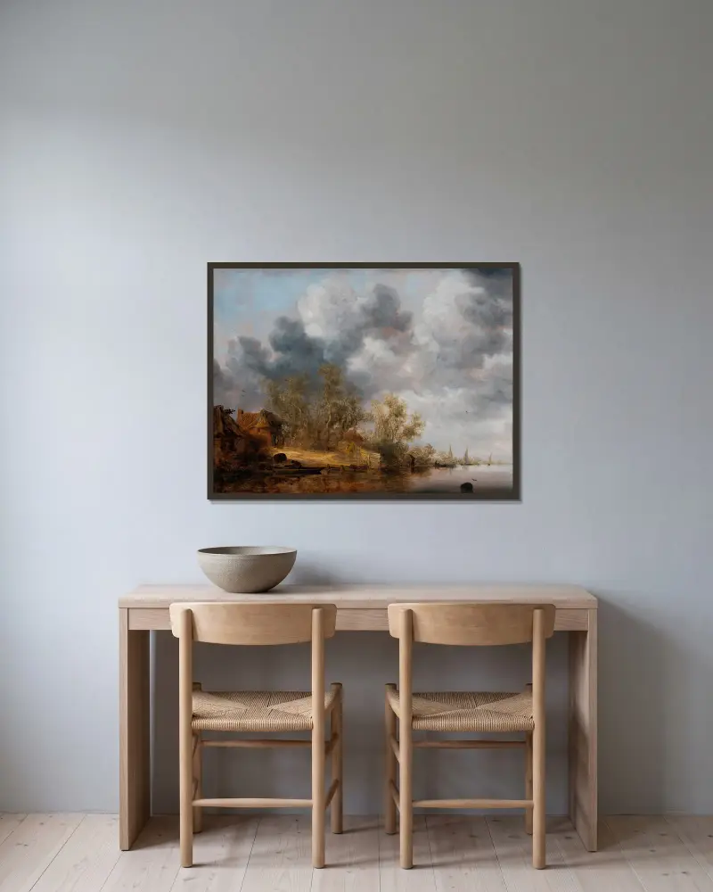 Holländisches Flussufer von Salomon van Ruysdael gerahmt an einer Wand