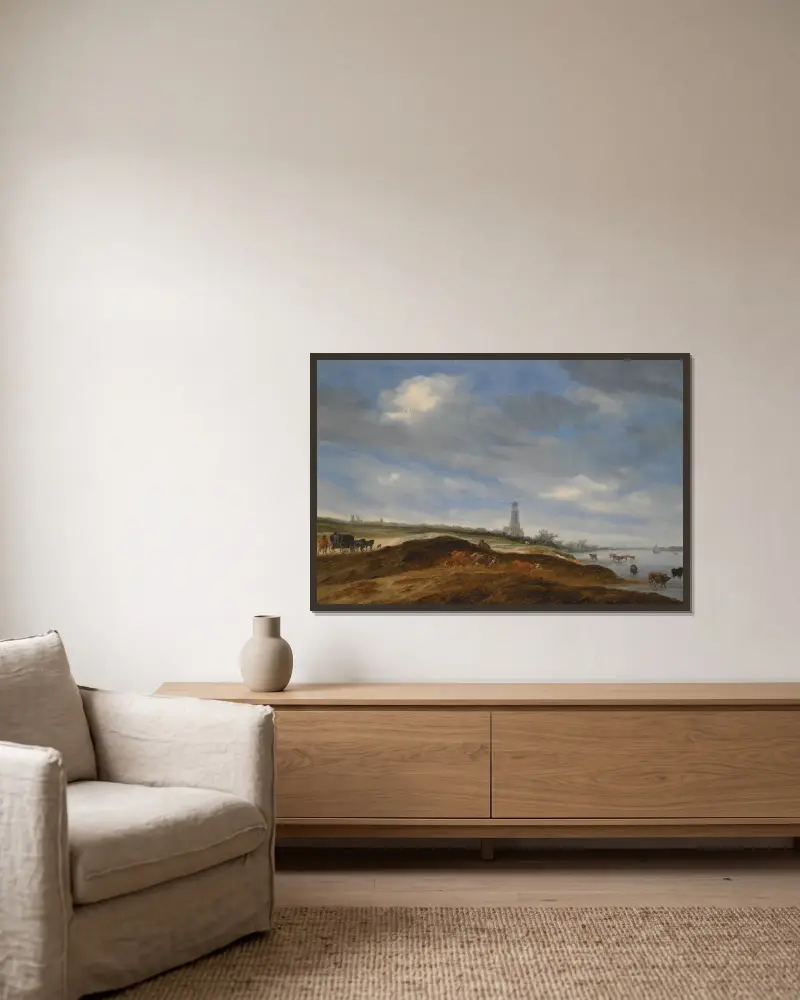 Panoramavy över Rhenen från Rhens strand väster om staden av Salomon van Ruysdael inramad på en vägg