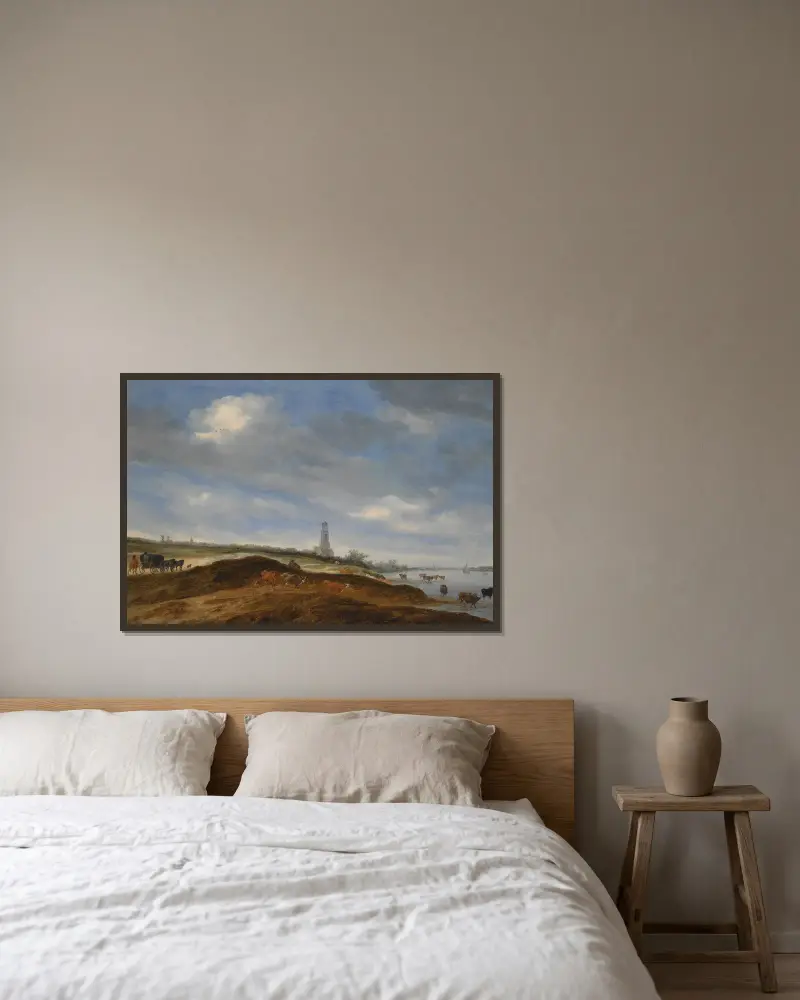 Panoramavy över Rhenen från Rhens strand väster om staden av Salomon van Ruysdael inramad på en vägg