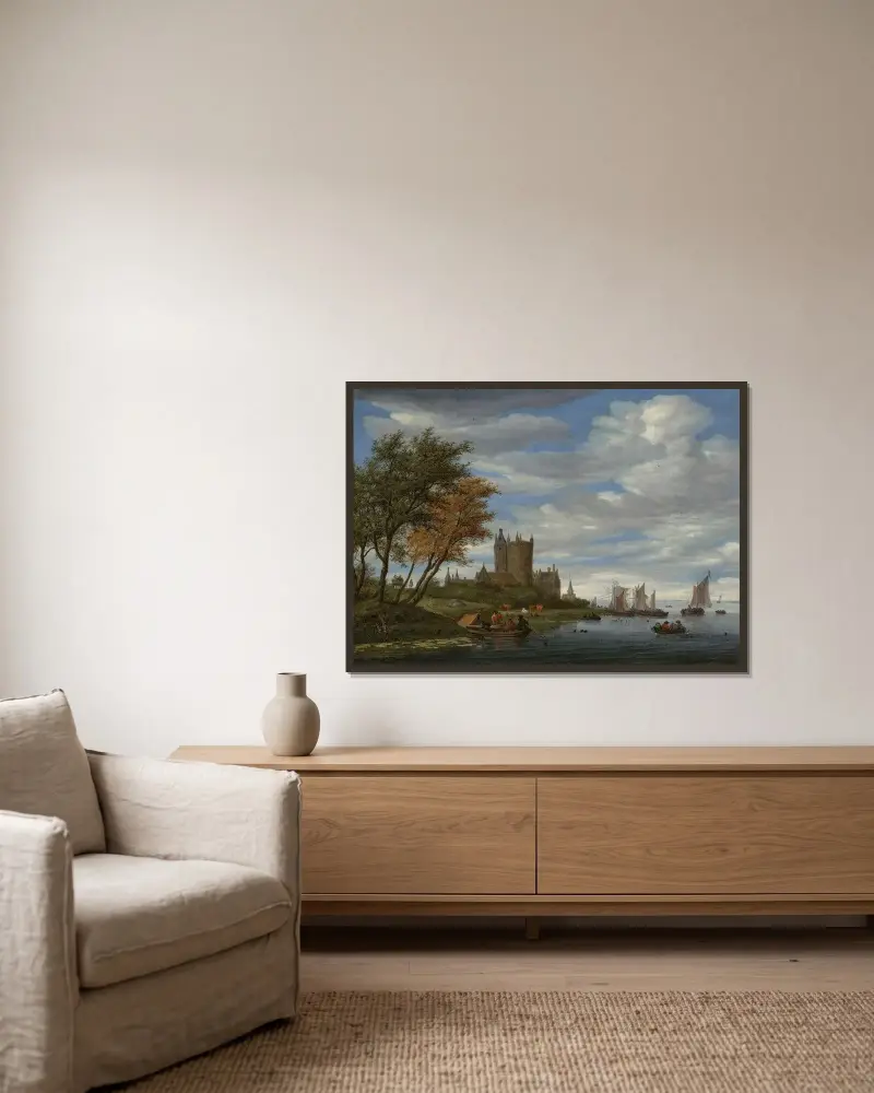 Eine Flussmündung mit Segelbooten und Fischern, die Netze einholen, einem befestigten Schloss und einem Pferdewagen am Ufer von Salomon van Ruysdael gerahmt an einer Wand