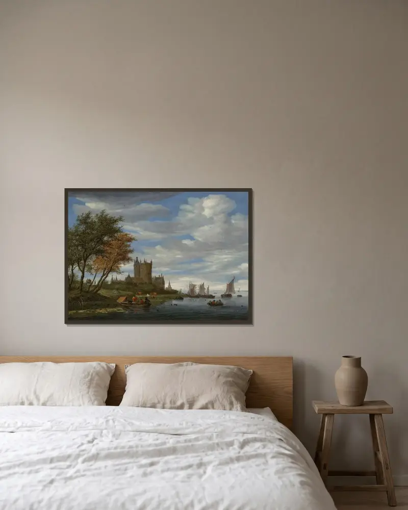 Eine Flussmündung mit Segelbooten und Fischern, die Netze einholen, einem befestigten Schloss und einem Pferdewagen am Ufer von Salomon van Ruysdael gerahmt an einer Wand