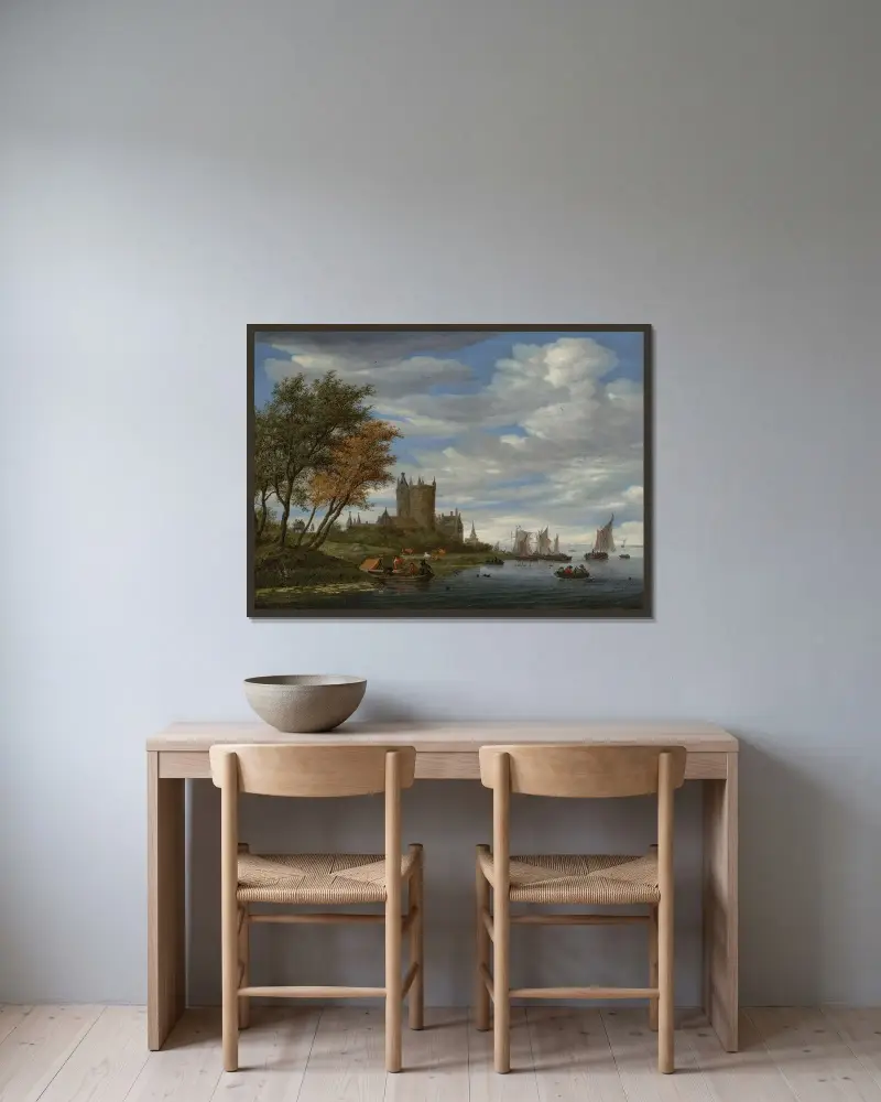 Eine Flussmündung mit Segelbooten und Fischern, die Netze einholen, einem befestigten Schloss und einem Pferdewagen am Ufer von Salomon van Ruysdael gerahmt an einer Wand