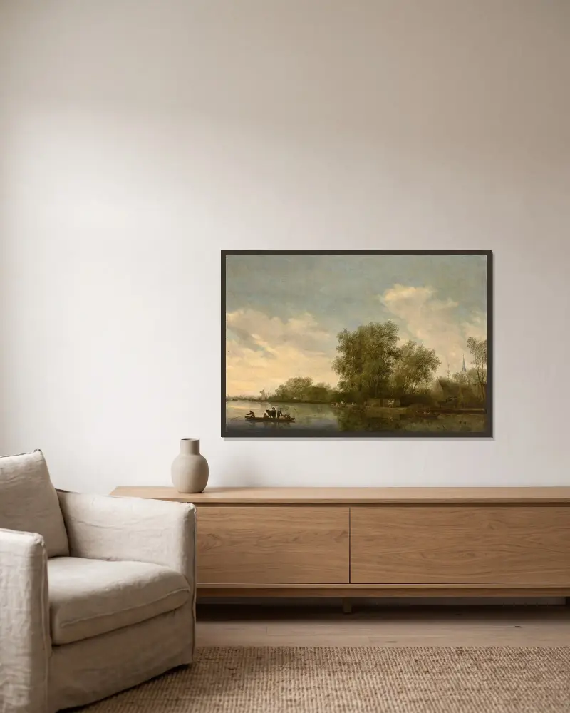 Flusslandschaft mit Fähre und Fischern von Salomon van Ruysdael gerahmt an einer Wand