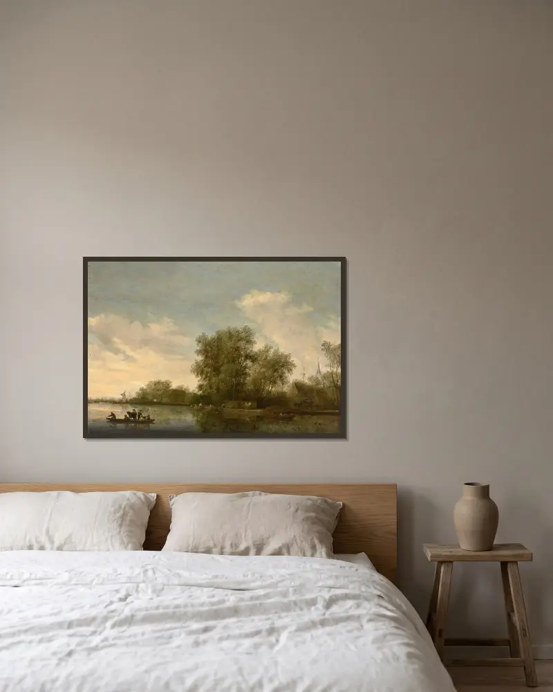 Flusslandschaft mit Fähre und Fischern von Salomon van Ruysdael gerahmt an einer Wand