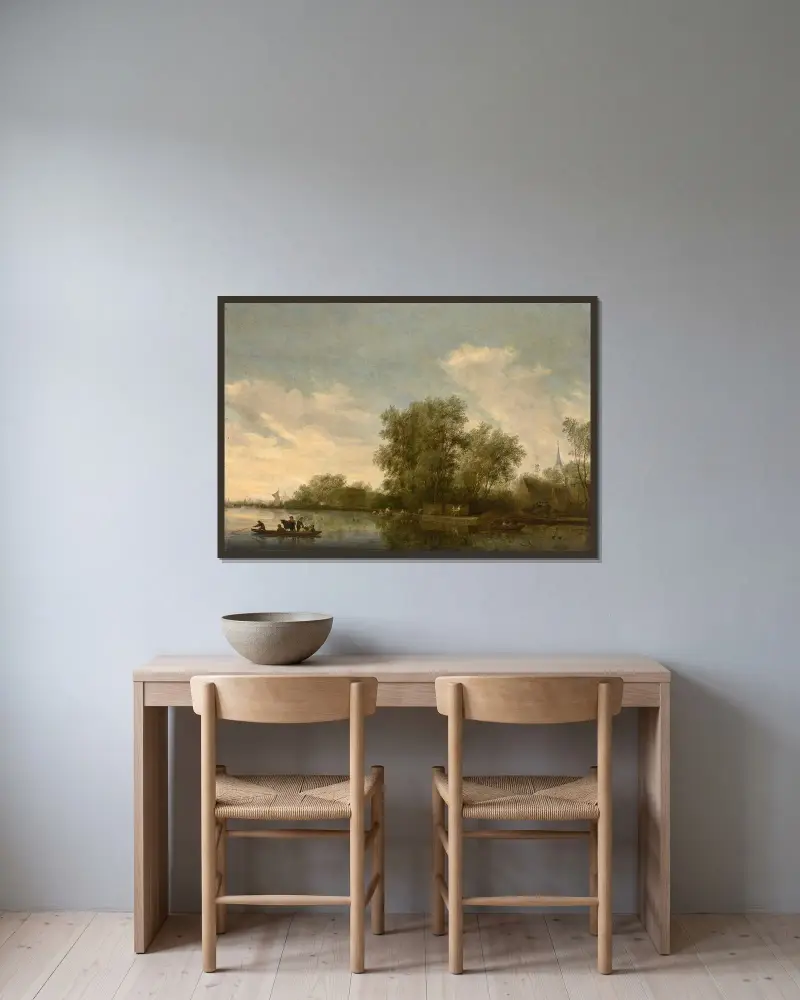 Flusslandschaft mit Fähre und Fischern von Salomon van Ruysdael gerahmt an einer Wand