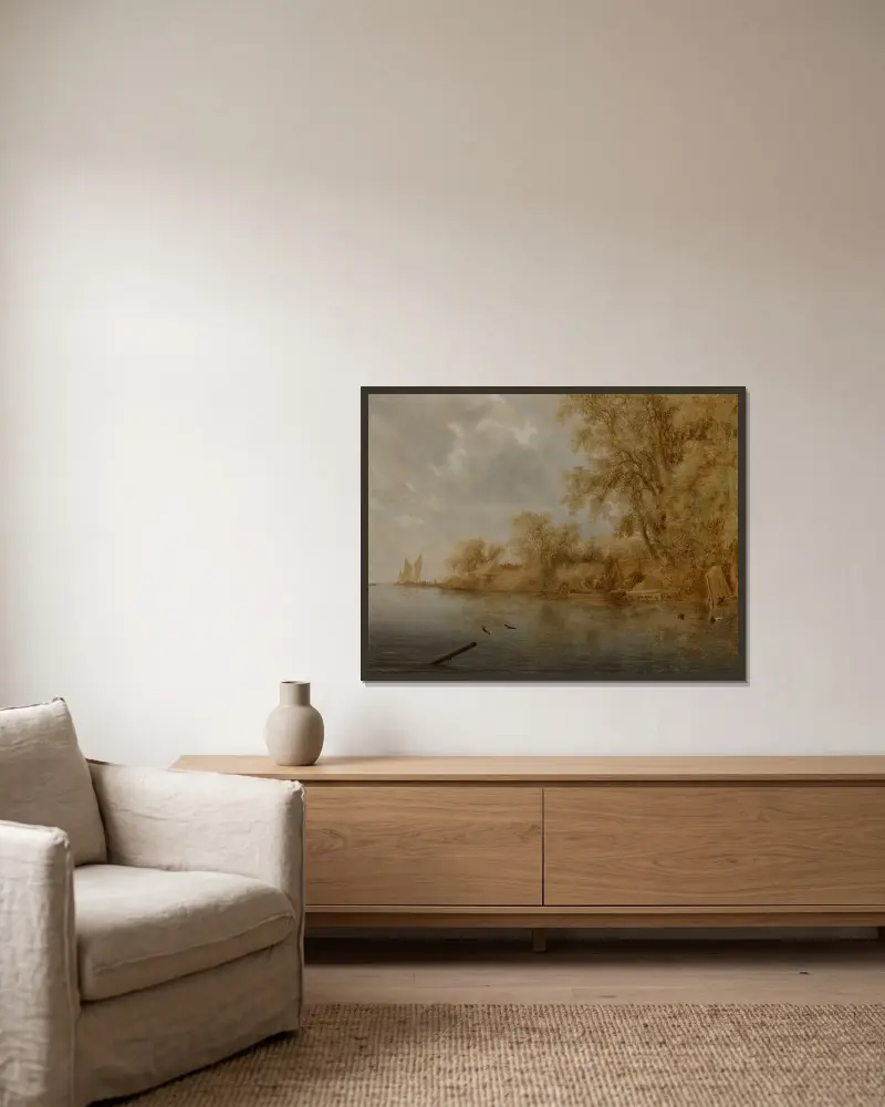Flussufer mit Fischern, die ihre Netze pflegen und Fischkörbe an Land bringen von Salomon van Ruysdael gerahmt an einer Wand