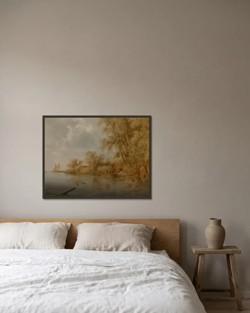 Flussufer mit Fischern, die ihre Netze pflegen und Fischkörbe an Land bringen von Salomon van Ruysdael gerahmt an einer Wand