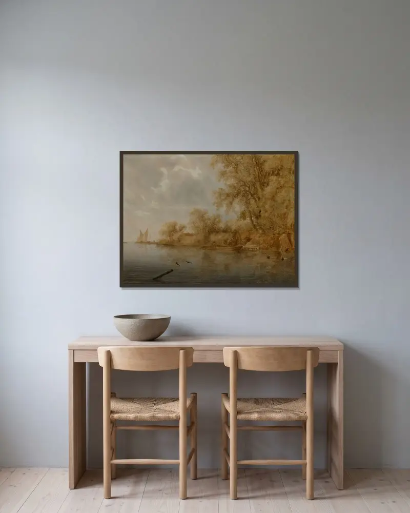 Flussufer mit Fischern, die ihre Netze pflegen und Fischkörbe an Land bringen von Salomon van Ruysdael gerahmt an einer Wand