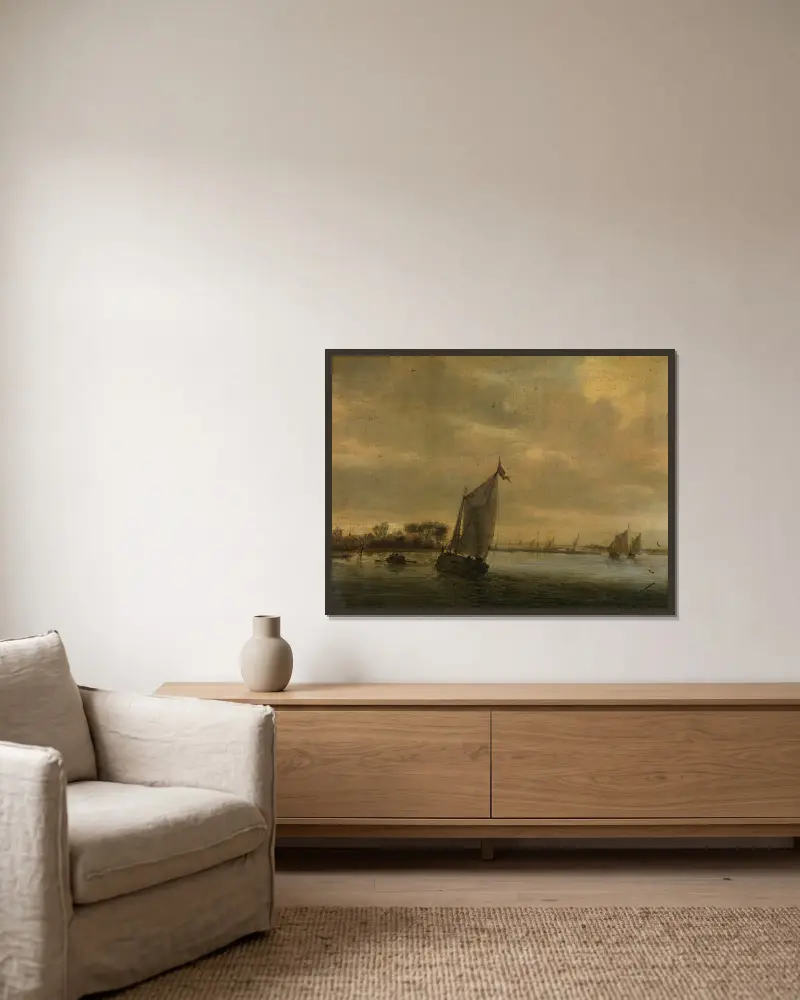 Stilles Wasser von Salomon van Ruysdael gerahmt an einer Wand