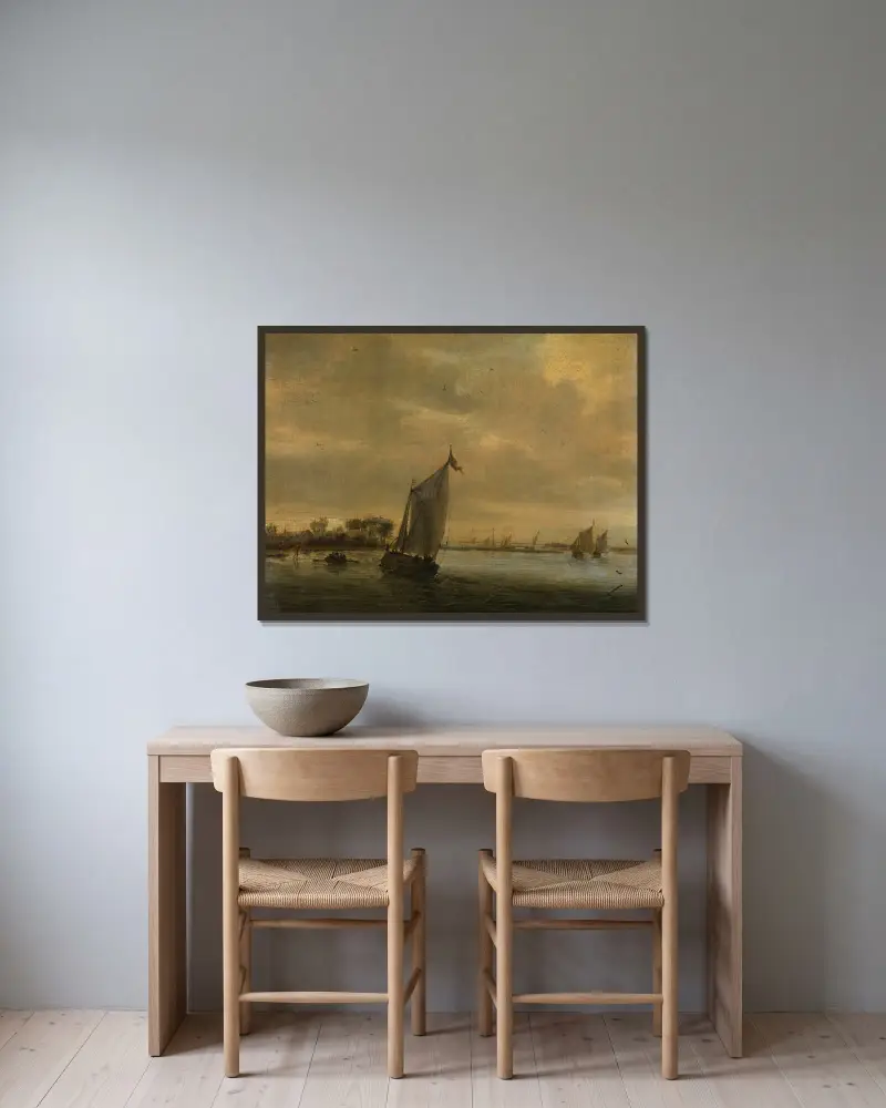 Stilles Wasser von Salomon van Ruysdael gerahmt an einer Wand
