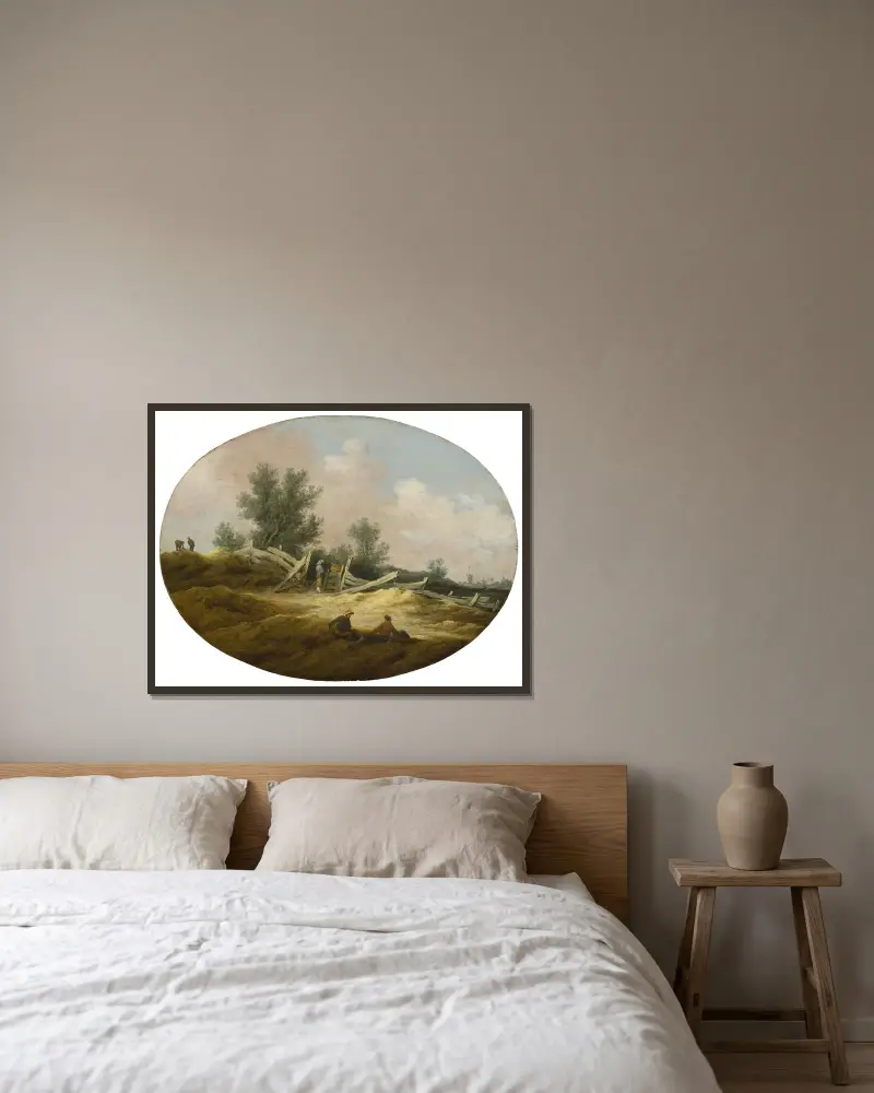 Landskap med trästaket och figurer av Salomon van Ruysdael inramad på en vägg
