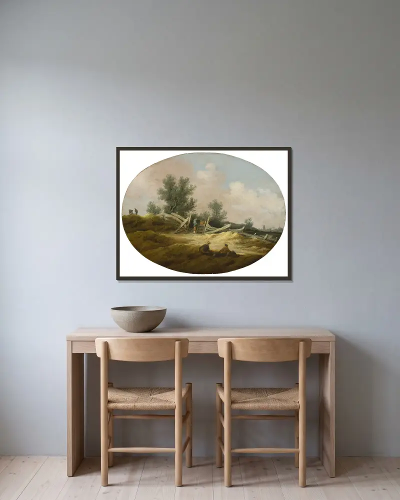 Landskap med trästaket och figurer av Salomon van Ruysdael inramad på en vägg