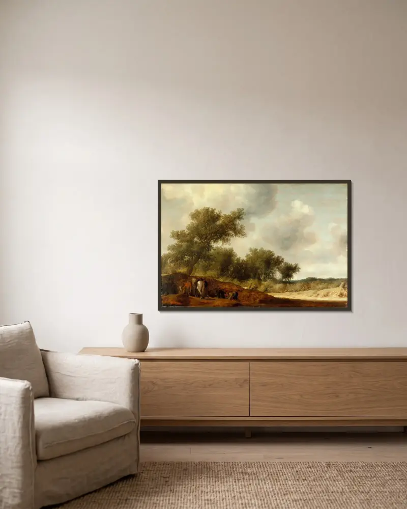 Landschaft mit Hirschjägern von Salomon van Ruysdael gerahmt an einer Wand