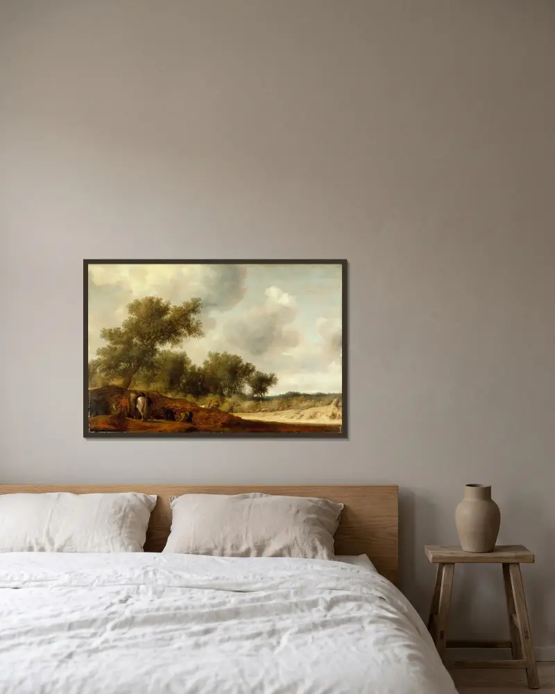 Landschaft mit Hirschjägern von Salomon van Ruysdael gerahmt an einer Wand