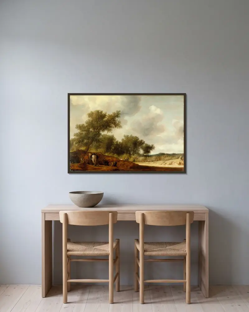 Landschaft mit Hirschjägern von Salomon van Ruysdael gerahmt an einer Wand