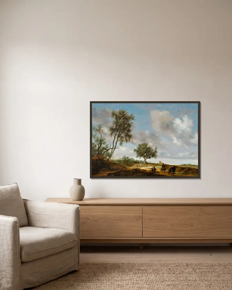 Landschaft mit Jägern von Salomon van Ruysdael gerahmt an einer Wand
