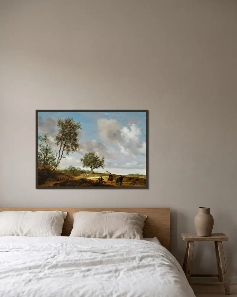 Landschaft mit Jägern von Salomon van Ruysdael gerahmt an einer Wand
