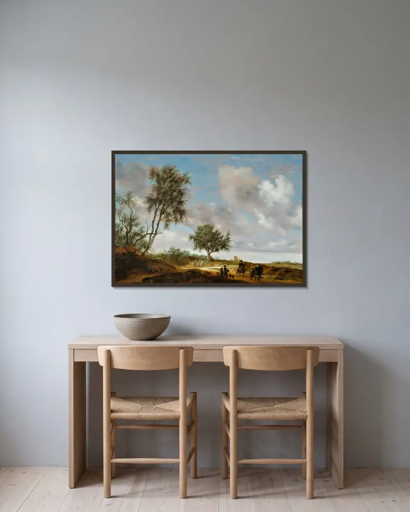 Landschaft mit Jägern von Salomon van Ruysdael gerahmt an einer Wand
