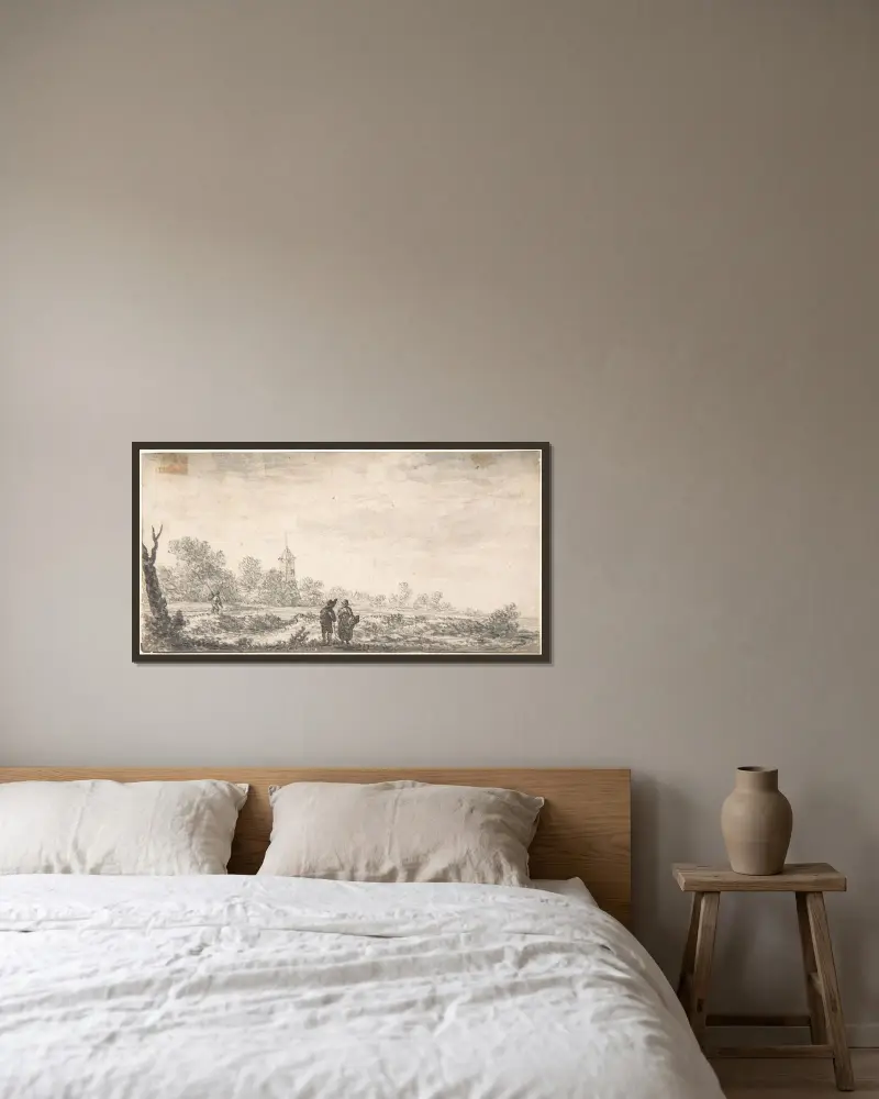 Landschaft mit zwei Figuren im Gespräch von Salomon van Ruysdael gerahmt an einer Wand