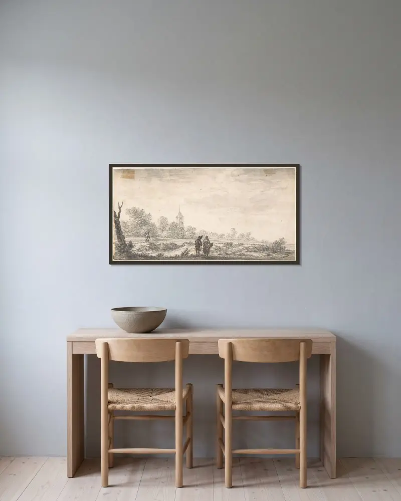 Landschaft mit zwei Figuren im Gespräch von Salomon van Ruysdael gerahmt an einer Wand