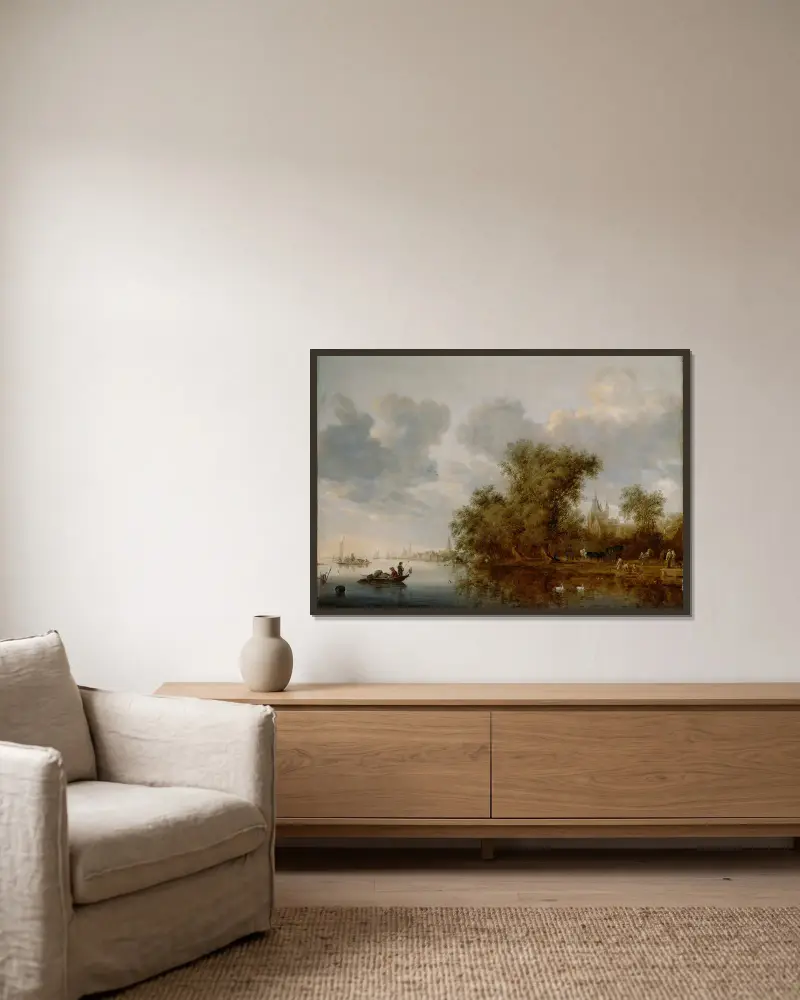Říční krajina, Salomon van Ruysdael v rámu na stěně