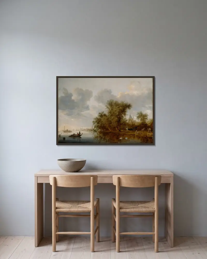Říční krajina, Salomon van Ruysdael v rámu na stěně