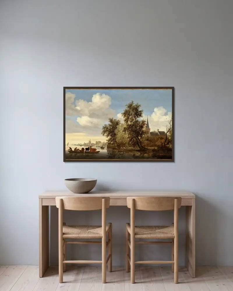 Říční krajina s přívozem, Salomon van Ruysdael v rámu na stěně
