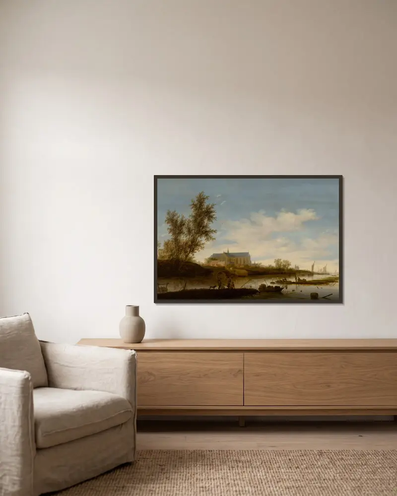 River landscape with fishermen in the foreground, the Laurenskerk in Alkmaar beyond av Salomon van Ruysdael inramad på en vägg